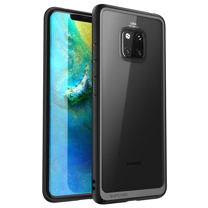 Huawei Mate 20 Pro Case in black and blue, showcasing a slim design with a clear back and TPU bumper for anti-knock protection.