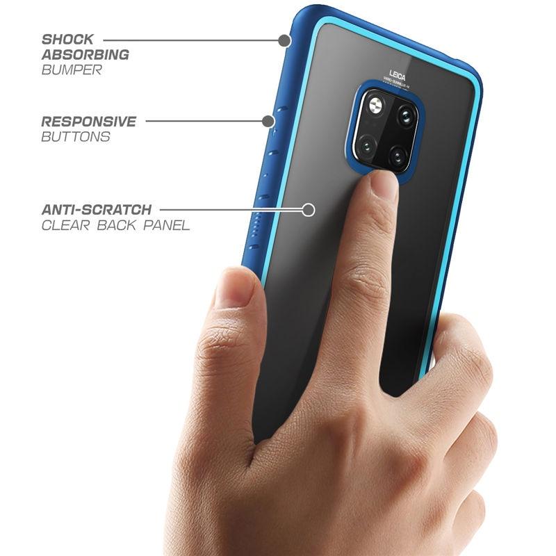 Huawei Mate 20 Pro Case in black and blue, showcasing a slim design with a clear back and TPU bumper for anti-knock protection.