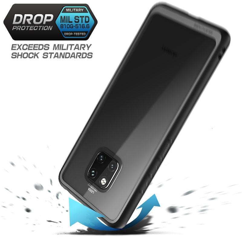 Huawei Mate 20 Pro Case in black and blue, showcasing a slim design with a clear back and TPU bumper for anti-knock protection.