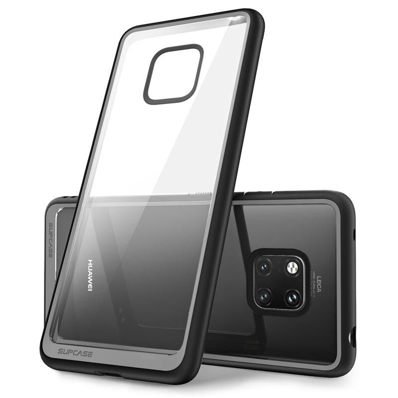 Huawei Mate 20 Pro Case in black and blue, showcasing a slim design with a clear back and TPU bumper for anti-knock protection.
