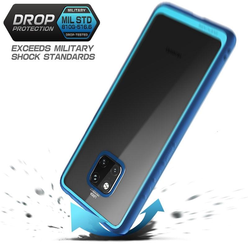 Huawei Mate 20 Pro Case in black and blue, showcasing a slim design with a clear back and TPU bumper for anti-knock protection.