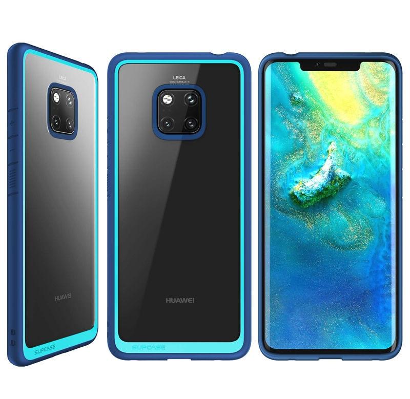 Huawei Mate 20 Pro Case in black and blue, showcasing a slim design with a clear back and TPU bumper for anti-knock protection.