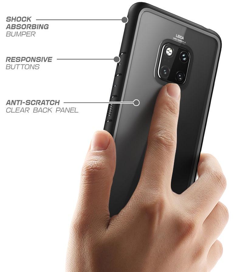 Huawei Mate 20 Pro Case in black and blue, showcasing a slim design with a clear back and TPU bumper for anti-knock protection.