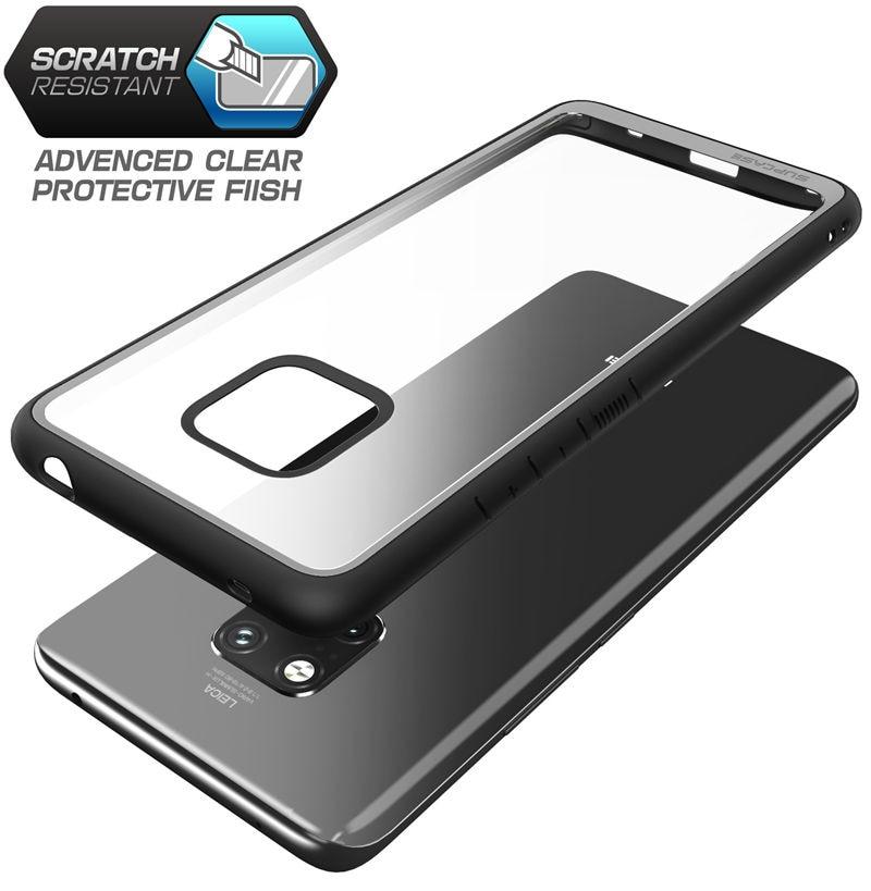 Huawei Mate 20 Pro Case in black and blue, showcasing a slim design with a clear back and TPU bumper for anti-knock protection.