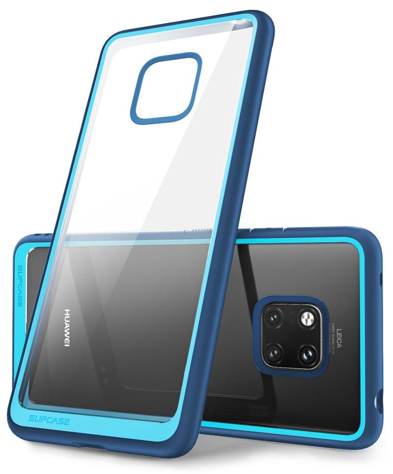 Huawei Mate 20 Pro Case in black and blue, showcasing a slim design with a clear back and TPU bumper for anti-knock protection.