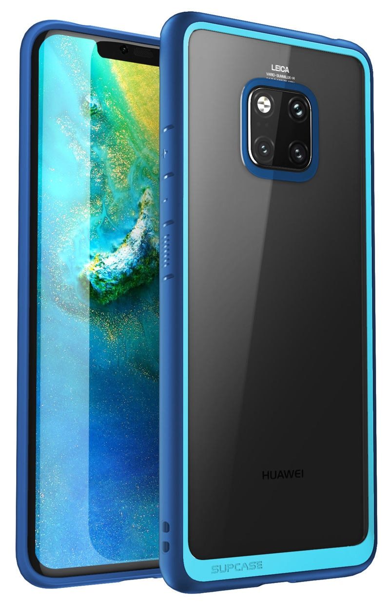 Huawei Mate 20 Pro Case in black and blue, showcasing a slim design with a clear back and TPU bumper for anti-knock protection.