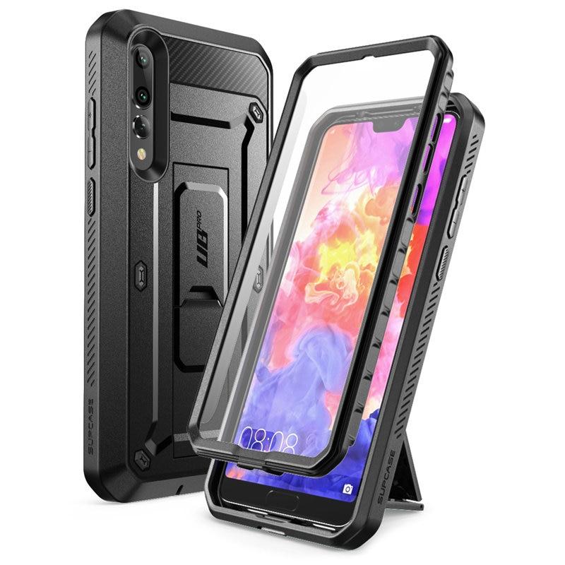 Huawei P20 Pro UB Pro Heavy Duty Case in black and blue, showcasing built-in screen protector and kickstand features.