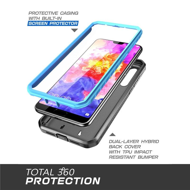 Huawei P20 Pro UB Pro Heavy Duty Case in black and blue, showcasing built-in screen protector and kickstand features.