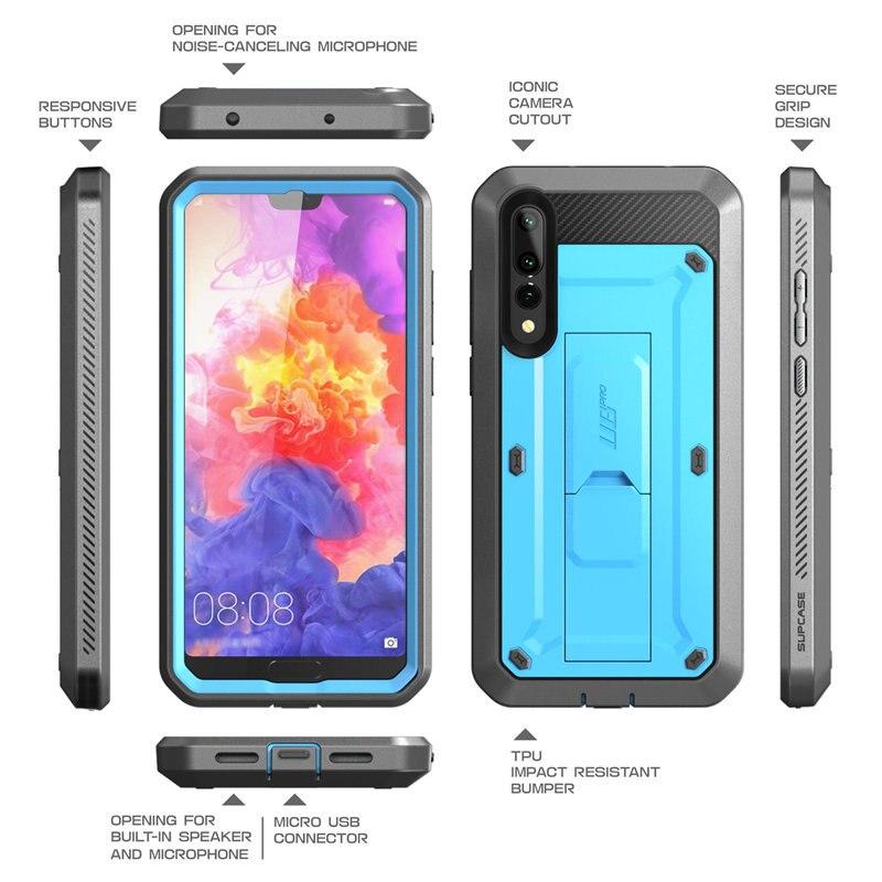 Huawei P20 Pro UB Pro Heavy Duty Case in black and blue, showcasing built-in screen protector and kickstand features.