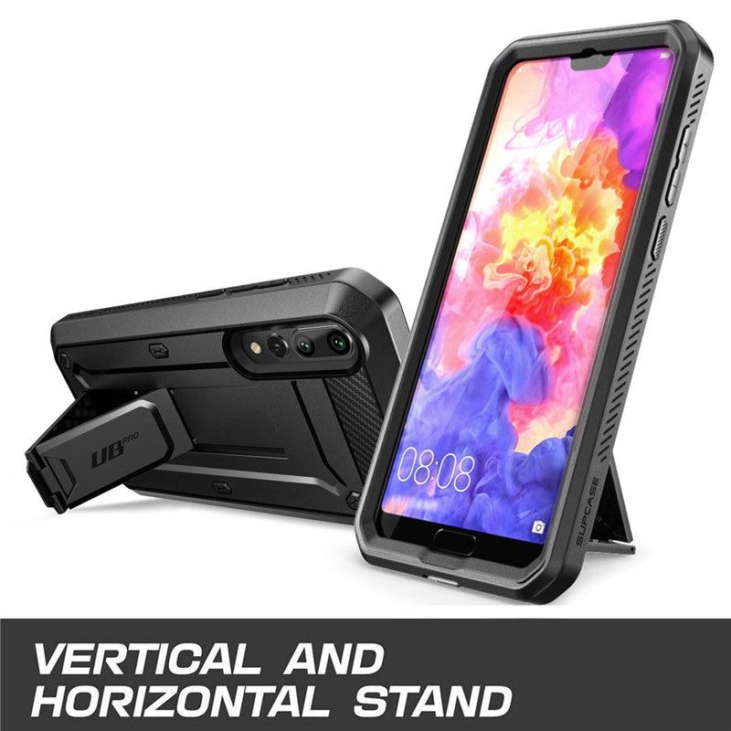 Huawei P20 Pro UB Pro Heavy Duty Case in black and blue, showcasing built-in screen protector and kickstand features.