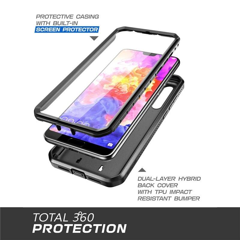 Huawei P20 Pro UB Pro Heavy Duty Case in black and blue, showcasing built-in screen protector and kickstand features.
