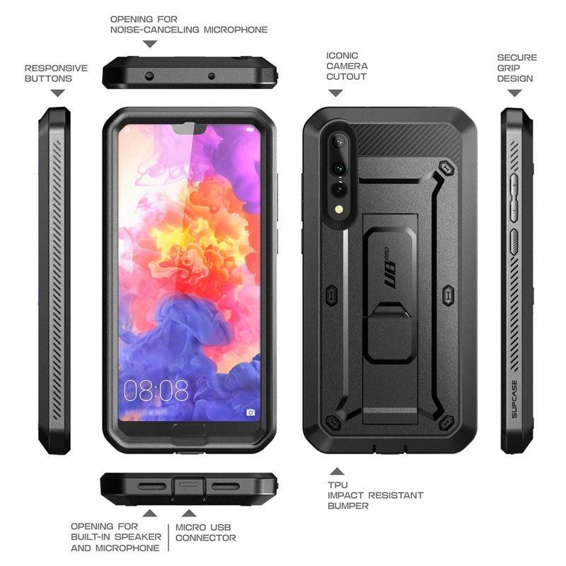 Huawei P20 Pro UB Pro Heavy Duty Case in black and blue, showcasing built-in screen protector and kickstand features.