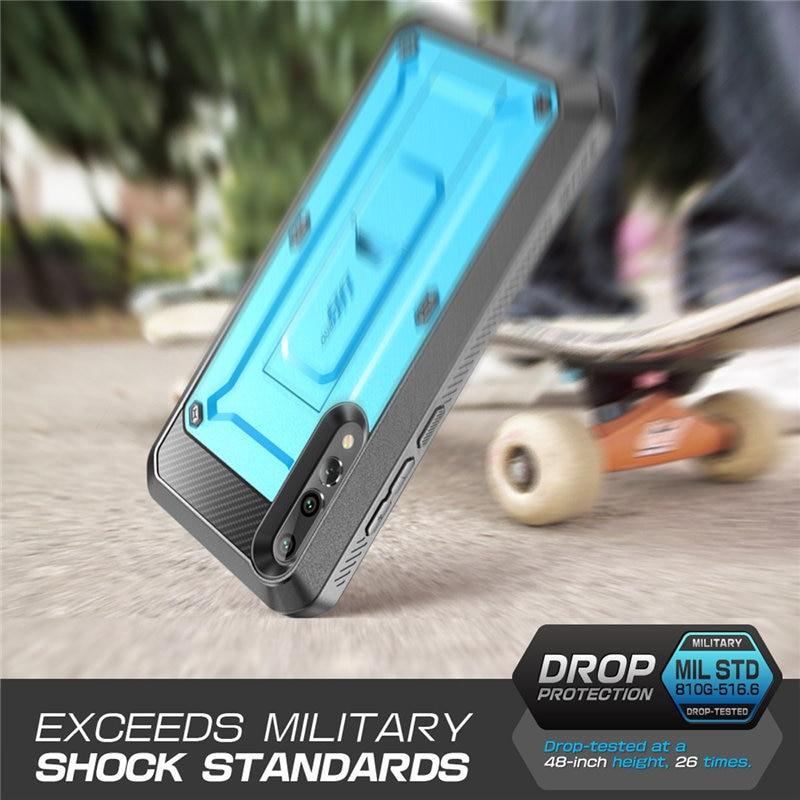 Huawei P20 Pro UB Pro Heavy Duty Case in black and blue, showcasing built-in screen protector and kickstand features.