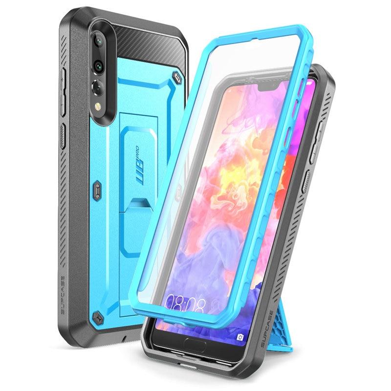 Huawei P20 Pro UB Pro Heavy Duty Case in black and blue, showcasing built-in screen protector and kickstand features.