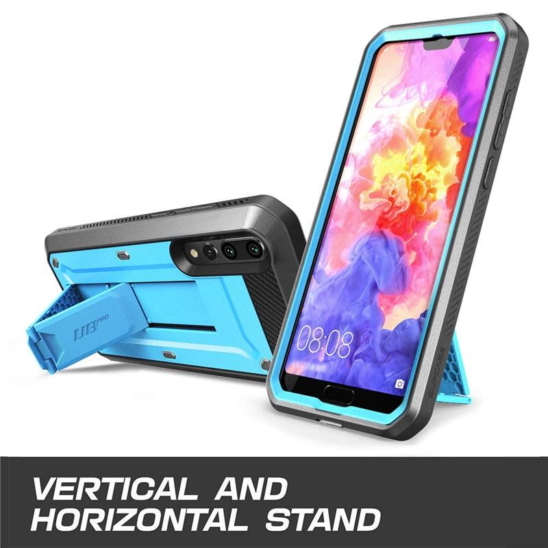 Huawei P20 Pro UB Pro Heavy Duty Case in black and blue, showcasing built-in screen protector and kickstand features.