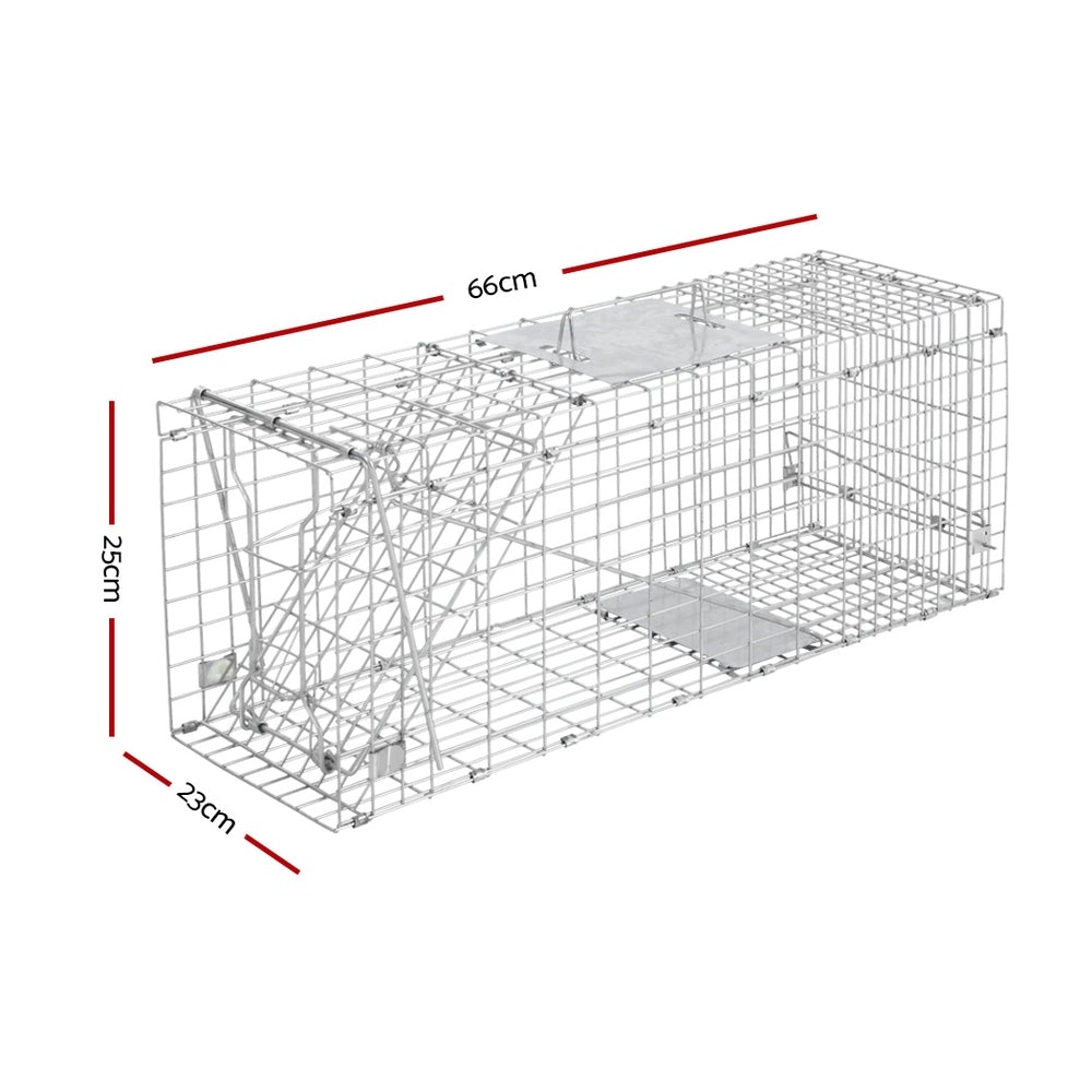 Humane Animal Trap Cage made of rust-resistant galvanised iron wire, measuring 66 x 23 x 25cm, designed for safe animal capture.