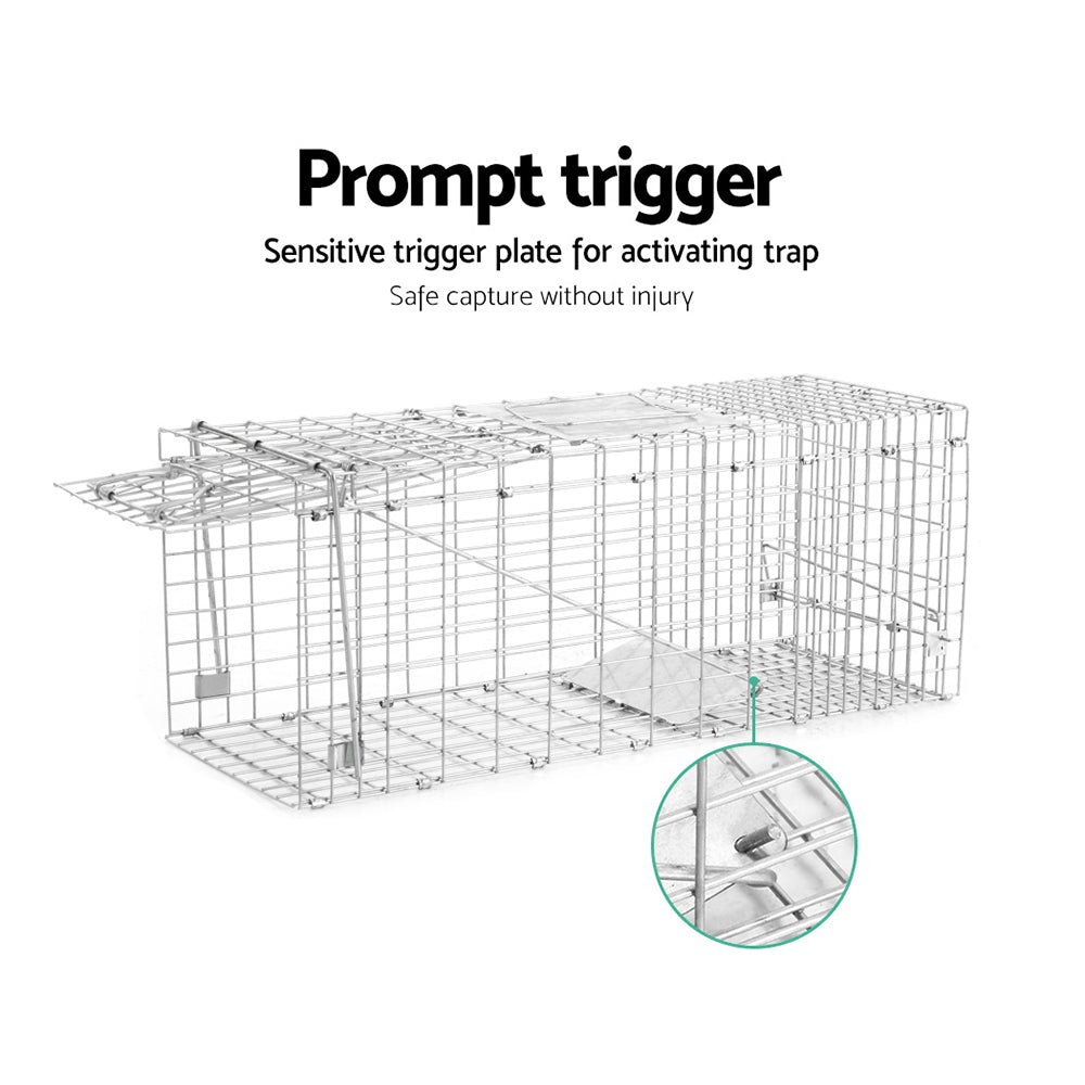 Humane Animal Trap Cage made of rust-resistant galvanised iron wire, measuring 66 x 23 x 25cm, designed for safe animal capture.