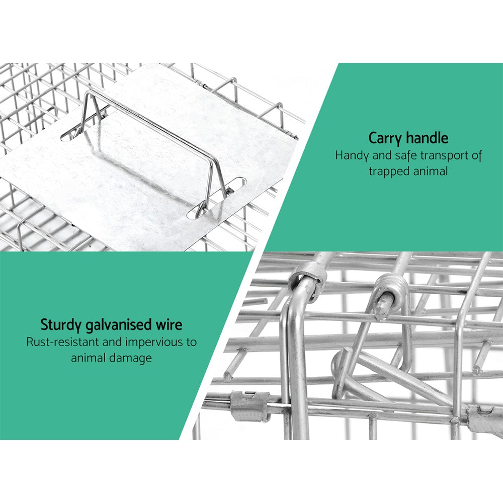 Humane Animal Trap Cage made of rust-resistant galvanised iron wire, measuring 66 x 23 x 25cm, designed for safe animal capture.