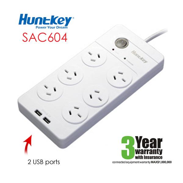 Huntkey Power Board SAC604 with 6 sockets and 2 USB ports, featuring surge protection and overload safety.