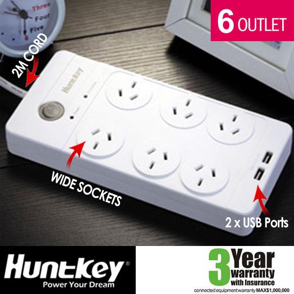 Huntkey Power Board SAC604 with 6 sockets and 2 USB ports, featuring surge protection and overload safety.