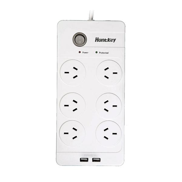 Huntkey Power Board SAC604 with 6 sockets and 2 USB ports, featuring surge protection and overload safety.