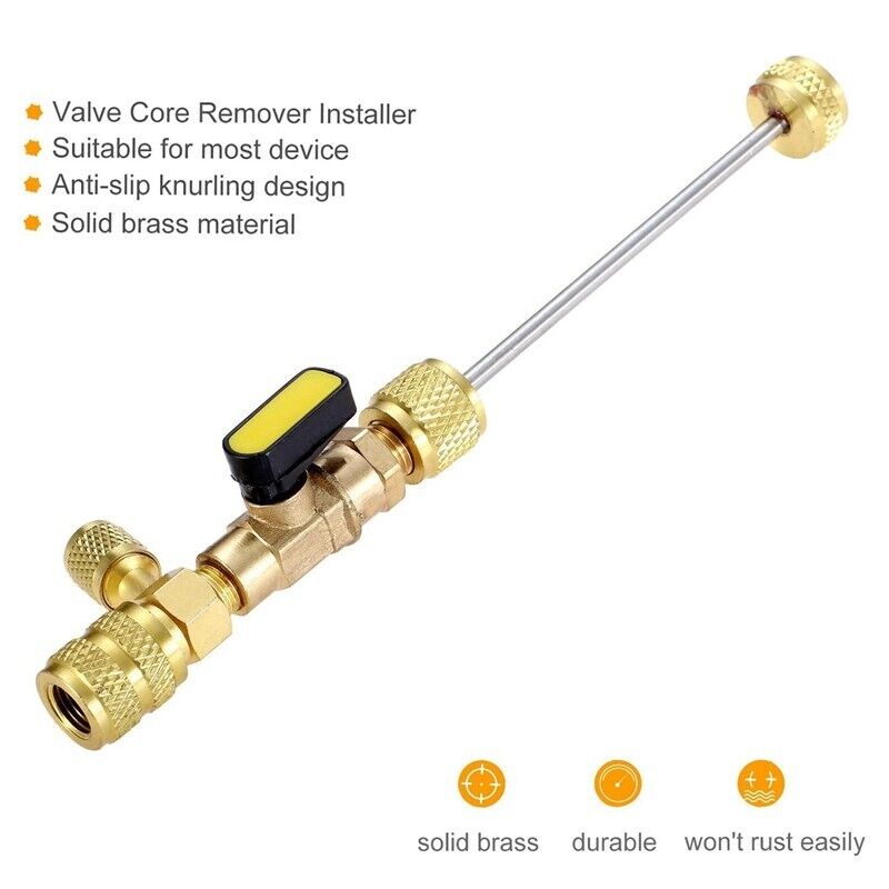 HVAC Tool AC Schrader Valve Core Remover with dual size ports for efficient valve core replacement.
