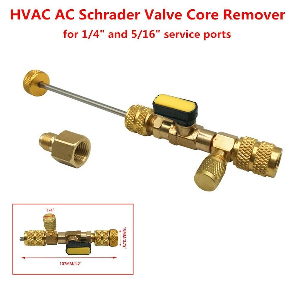 HVAC Tool AC Schrader Valve Core Remover with dual size ports for efficient valve core replacement.
