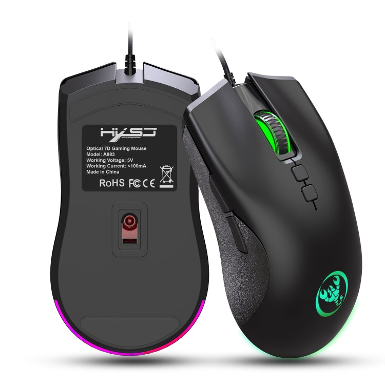 HXSJ A883 RGB Light Mechanical Gaming Mouse with 7 keys and adjustable DPI settings, showcasing its ergonomic design and colorful lighting.