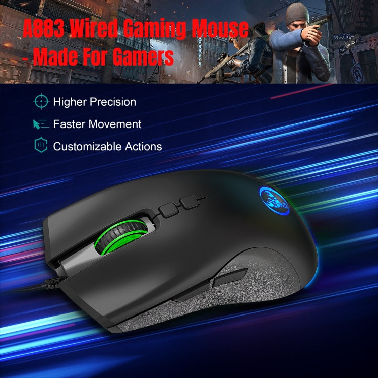 HXSJ A883 RGB Light Mechanical Gaming Mouse with 7 keys and adjustable DPI settings, showcasing its ergonomic design and colorful lighting.