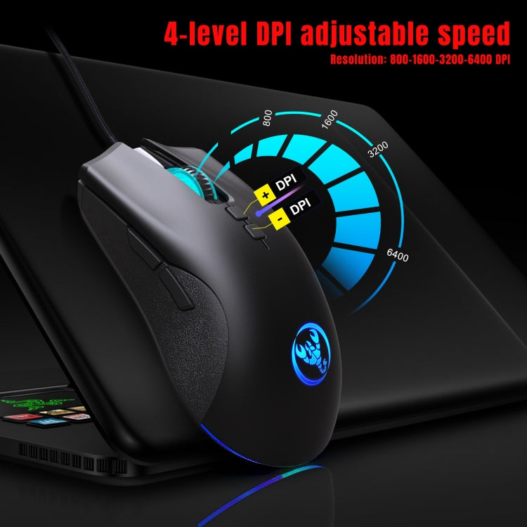HXSJ A883 RGB Light Mechanical Gaming Mouse with 7 keys and adjustable DPI settings, showcasing its ergonomic design and colorful lighting.