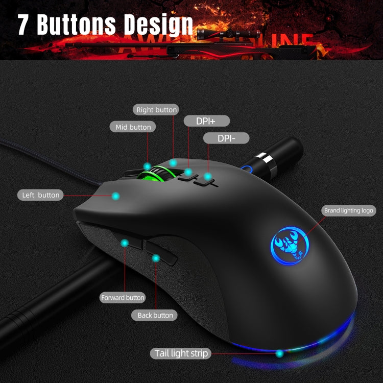 HXSJ A883 RGB Light Mechanical Gaming Mouse with 7 keys and adjustable DPI settings, showcasing its ergonomic design and colorful lighting.