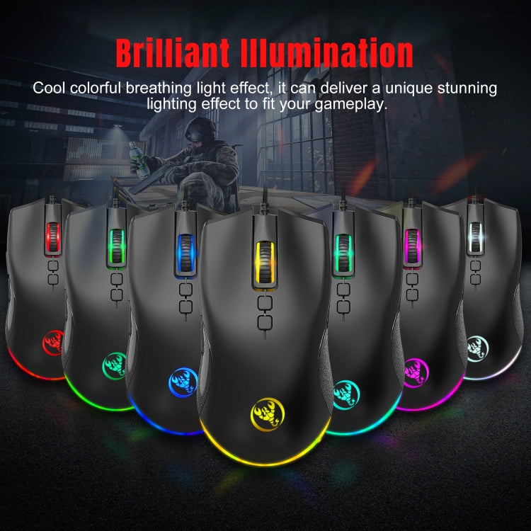 HXSJ A883 RGB Light Mechanical Gaming Mouse with 7 keys and adjustable DPI settings, showcasing its ergonomic design and colorful lighting.