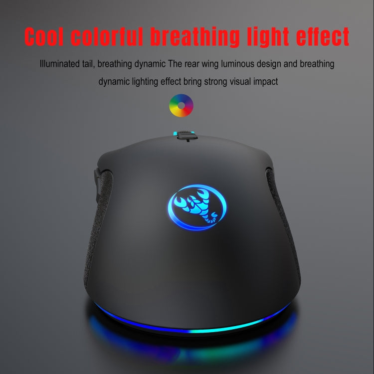 HXSJ A883 RGB Light Mechanical Gaming Mouse with 7 keys and adjustable DPI settings, showcasing its ergonomic design and colorful lighting.