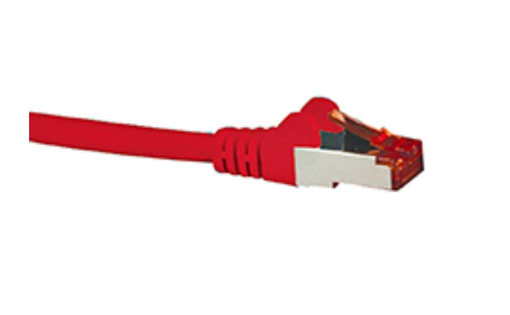 HYPERTEC CAT6A Shielded Cable 0.5m in red, showcasing its connectors and shielding design.