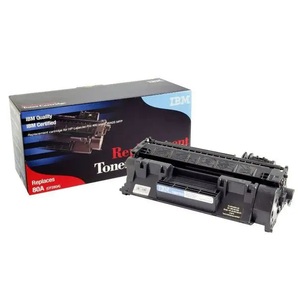 IBM Brand Replacement Toner CF280A cartridge for Laserjet 400 series printers, showcasing its sleek design and original branding.