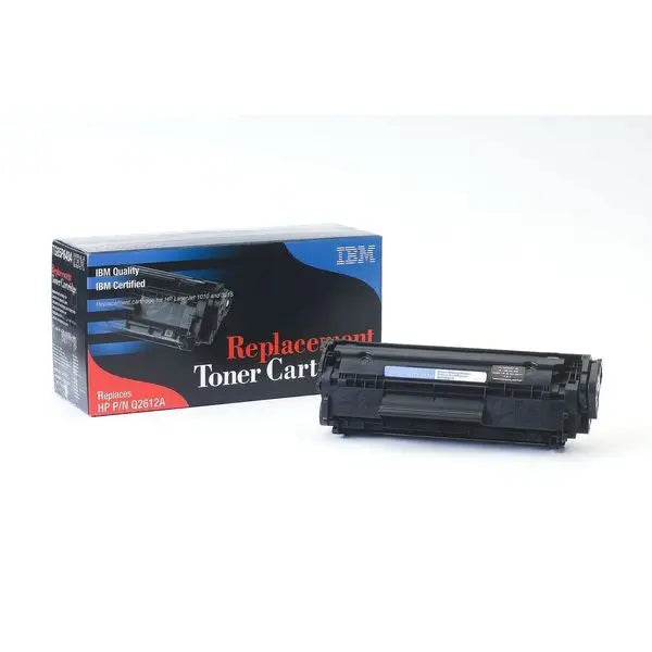 IBM Brand Replacement Toner Q2612A cartridge for Laserjet printers, showcasing its sleek design and original branding.