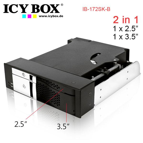 ICY BOX IB-172SK-B Trayless module for 2.5" and 3.5" SATA HDDs, showcasing its sleek design and dual HDD slots.