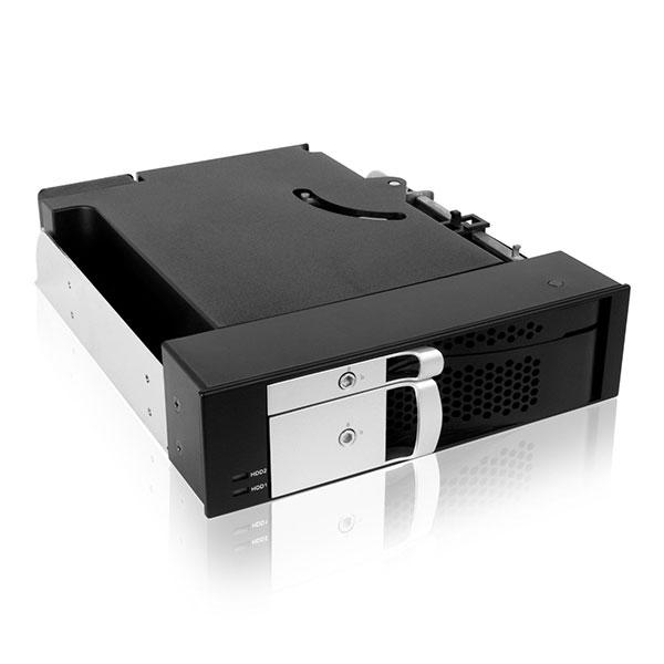 ICY BOX IB-172SK-B Trayless module for 2.5" and 3.5" SATA HDDs, showcasing its sleek design and dual HDD slots.