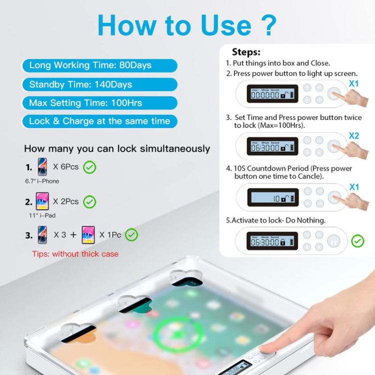 IDISKK Lock02 Smart Timer Lock Box for phones and tablets, featuring a transparent matte design and a timer function.
