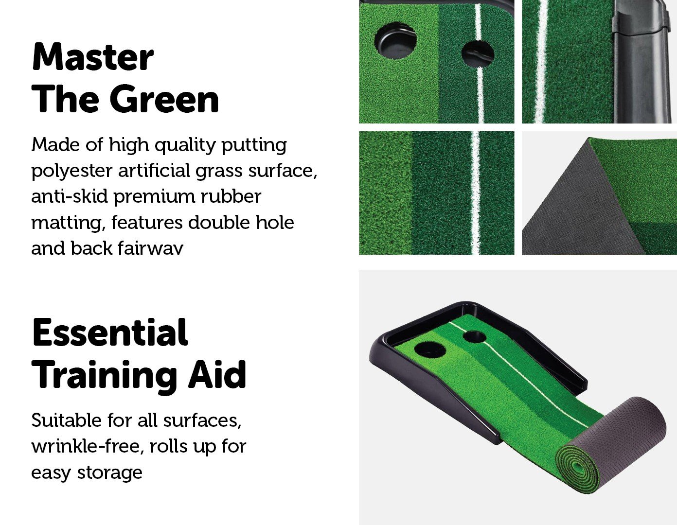 Indoor Practice Putting Green 2.5m Mat with inclined ball return and two holes, designed for indoor and outdoor use.