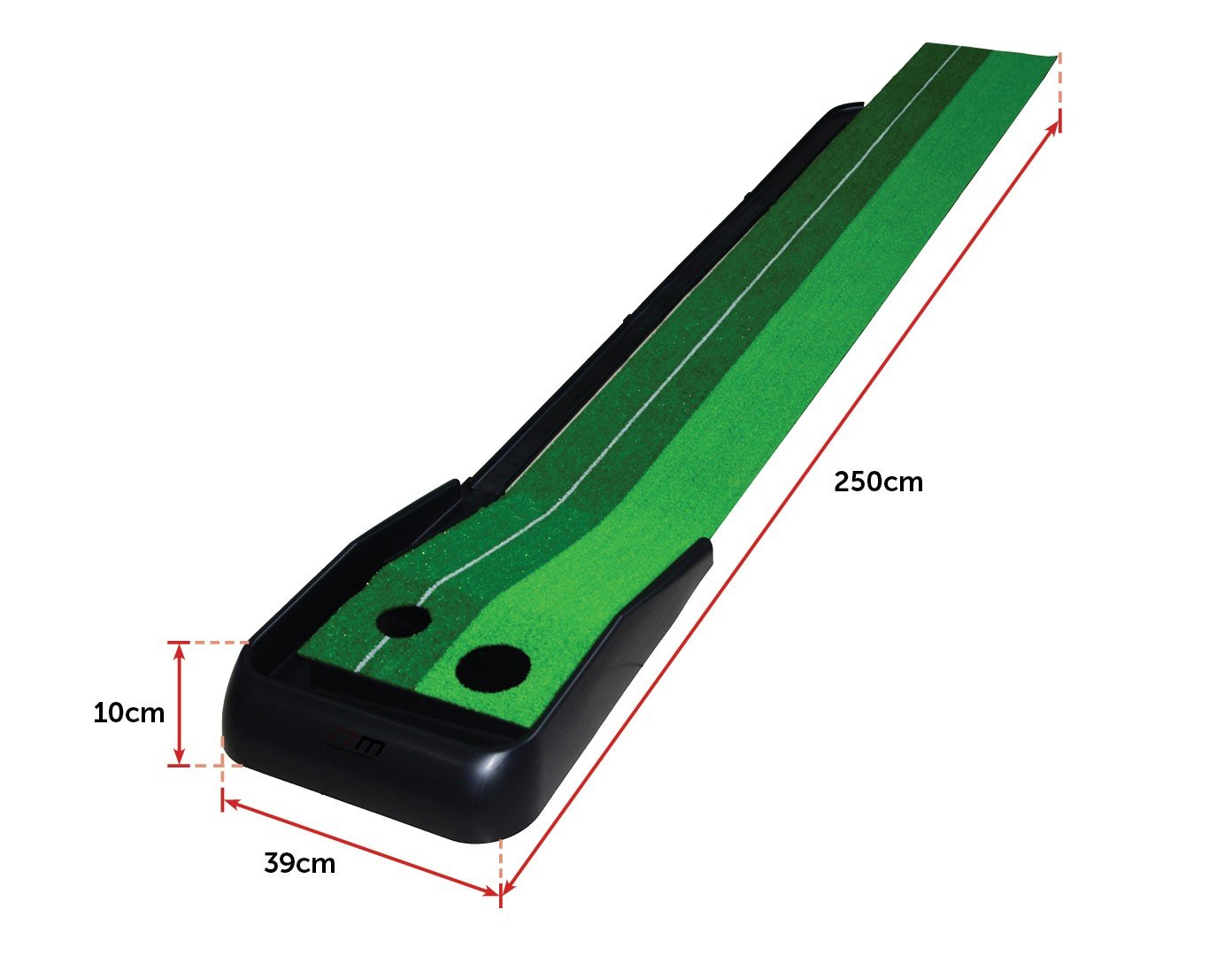Indoor Practice Putting Green 2.5m Mat with inclined ball return and two holes, designed for indoor and outdoor use.