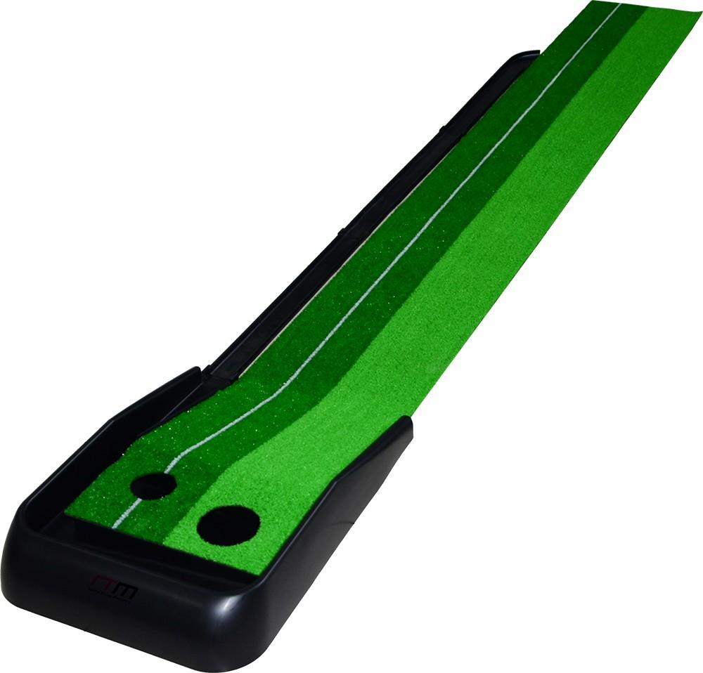 Indoor Practice Putting Green 2.5m Mat with inclined ball return and two holes, designed for indoor and outdoor use.