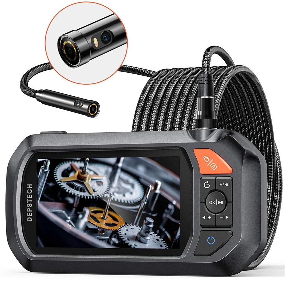 Industrial Borescope 1080P Dual Lens Endoscope with 4.3in IPS screen and adjustable LED lights, showcasing its flexible snake cable.