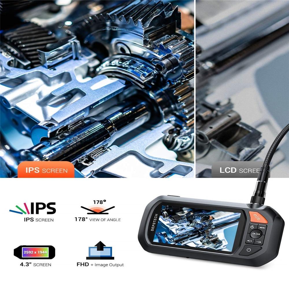 Industrial Borescope 1080P Dual Lens Endoscope with 4.3in IPS screen and adjustable LED lights, showcasing its flexible snake cable.