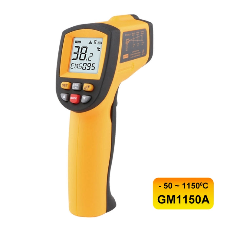 Infrared thermometer displaying temperature readings with a sleek design and ergonomic handle.