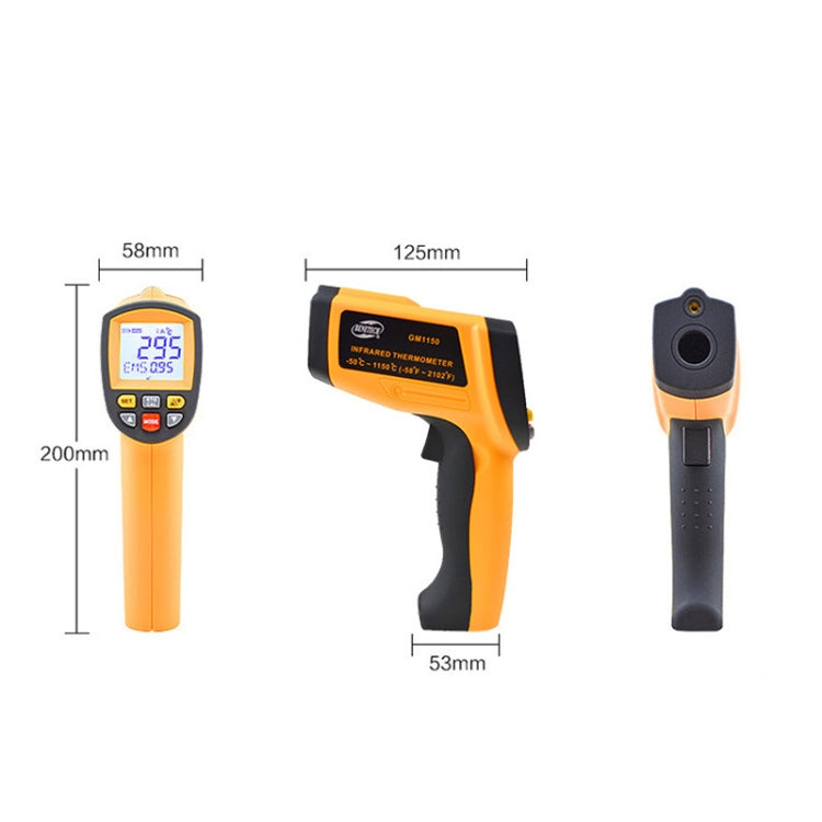 Infrared thermometer displaying temperature readings with a sleek design and ergonomic handle.