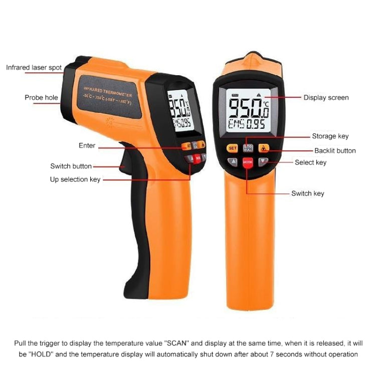 Infrared thermometer displaying temperature readings with a sleek design and ergonomic handle.