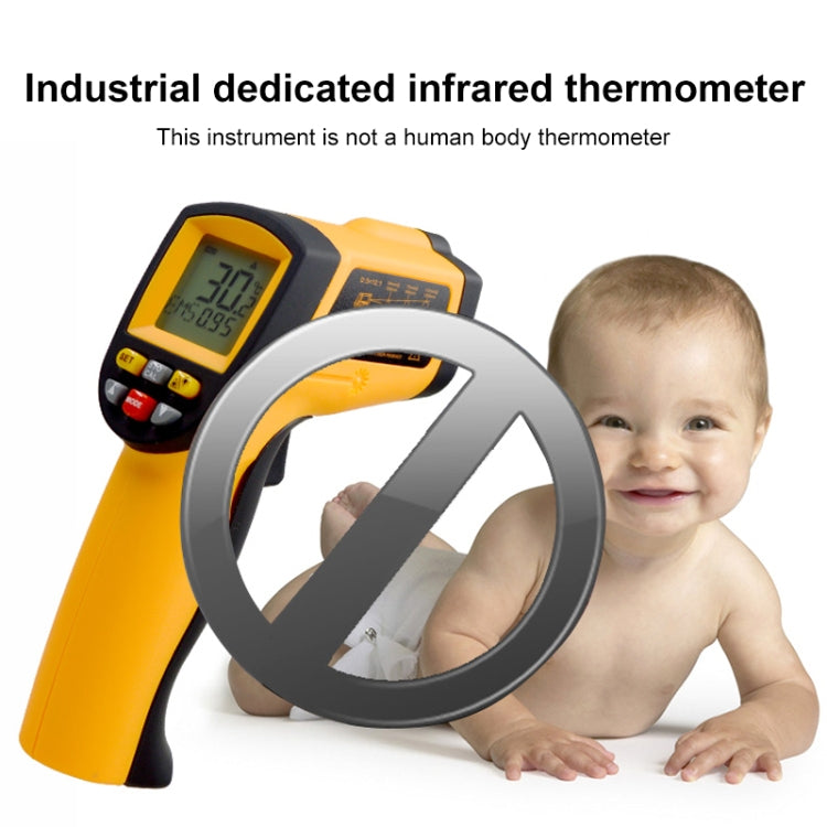 Infrared thermometer displaying temperature readings with a sleek design and ergonomic handle.