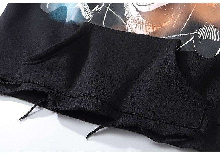 Injured Punk Comics Girl Letter Print Tearing Hoodie in black, showcasing a unique cartoon design and hooded style, perfect for streetwear fashion.