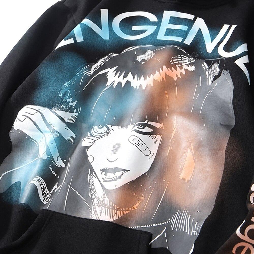 Injured Punk Comics Girl Letter Print Tearing Hoodie in black, showcasing a unique cartoon design and hooded style, perfect for streetwear fashion.